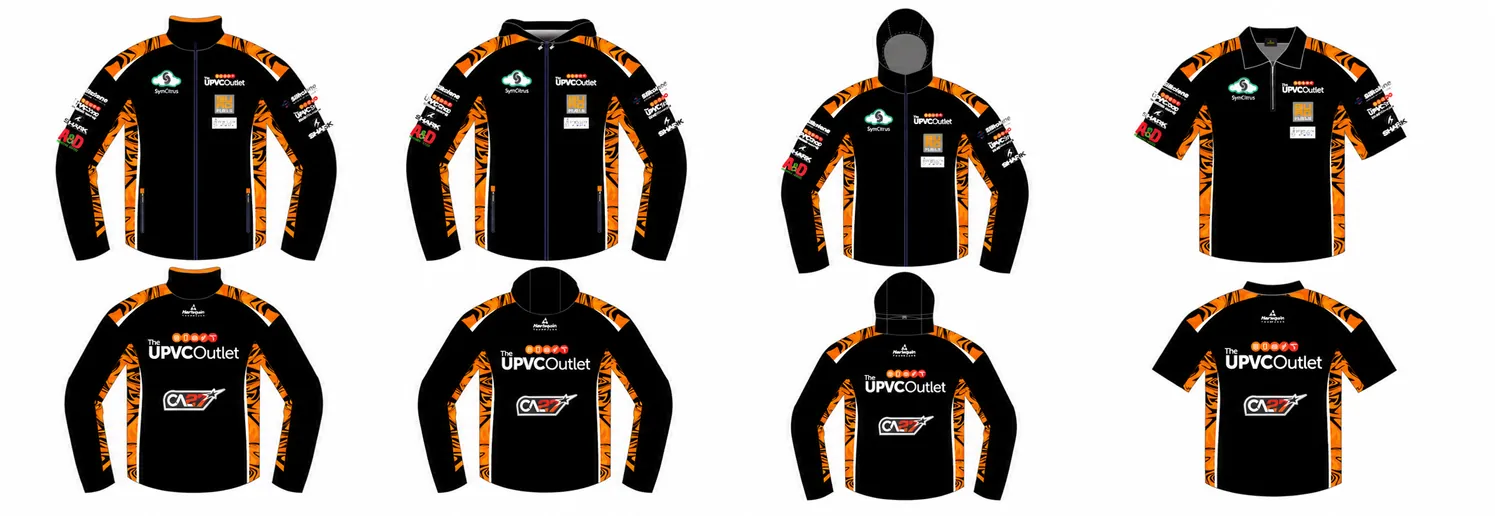 Teamwear concepts front and back: softshell, hoodie, rain jacket and zipped polo in black and orange with sponsor logos